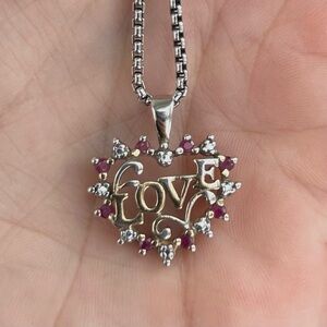 Vintage Estate LOVE Heart Pendant Charm Ruby Diamond 14k Vermeil Sterling Silver